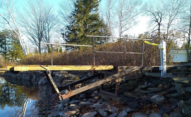 A wooden bridge over a river

Description automatically generated